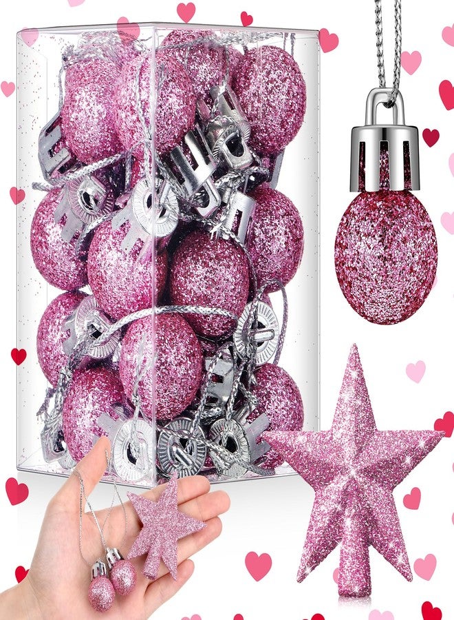 RoundFunny 25 Pcs Mini Christmas Ornaments Set 0.79 Inch Glitter Christmas Ball Tree Topper Star Hanging Ornaments for Party Decoration(Pink) - Image 1